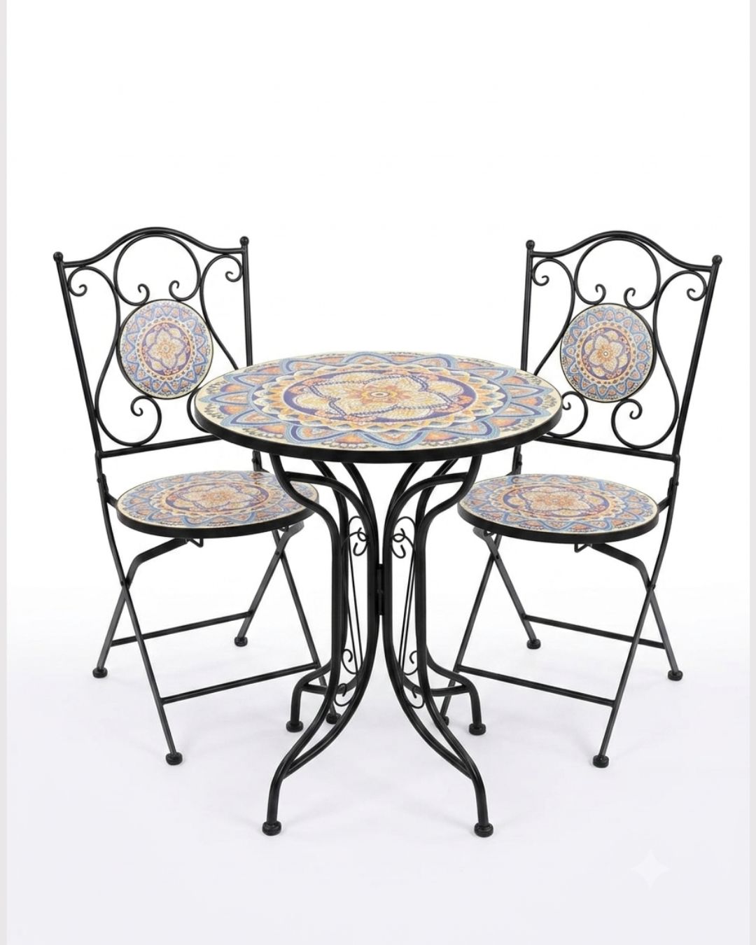 Mosaic Mandala Garden Bistro Set – Round Table & 2 Folding Chairs