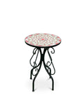 Round Mandala Mosaic Side Table with Wrought Iron Scrollwork Base