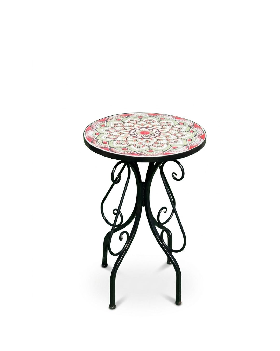 Round Mandala Mosaic Side Table with Wrought Iron Scrollwork Base