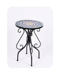 Round Mandala Mosaic Side Table with Wrought Iron Scrollwork Base