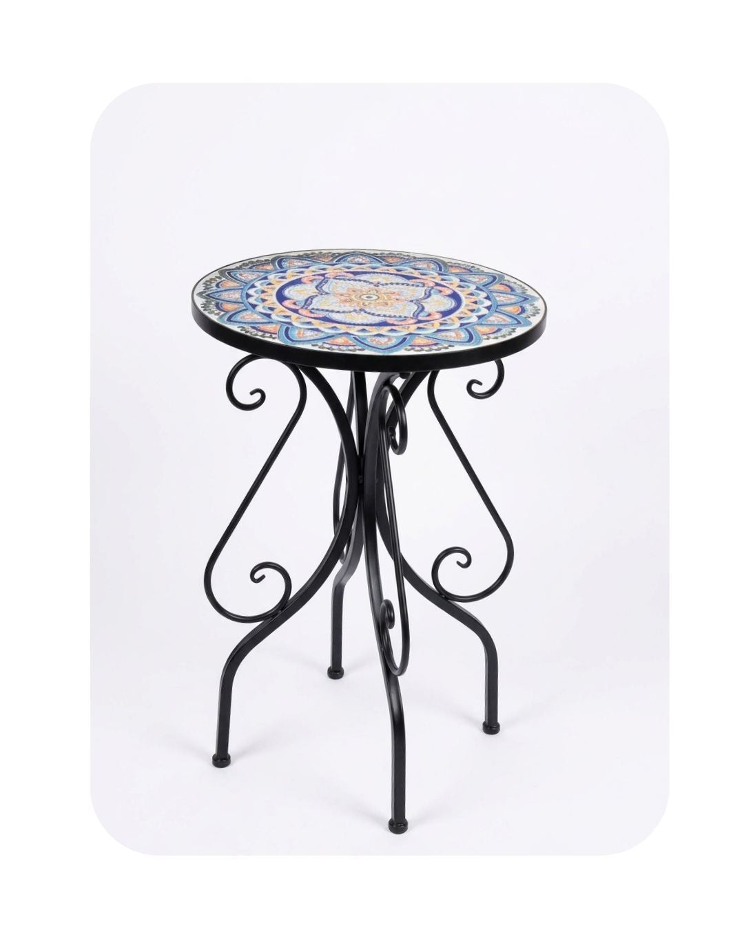 Round Mandala Mosaic Side Table with Wrought Iron Scrollwork Base