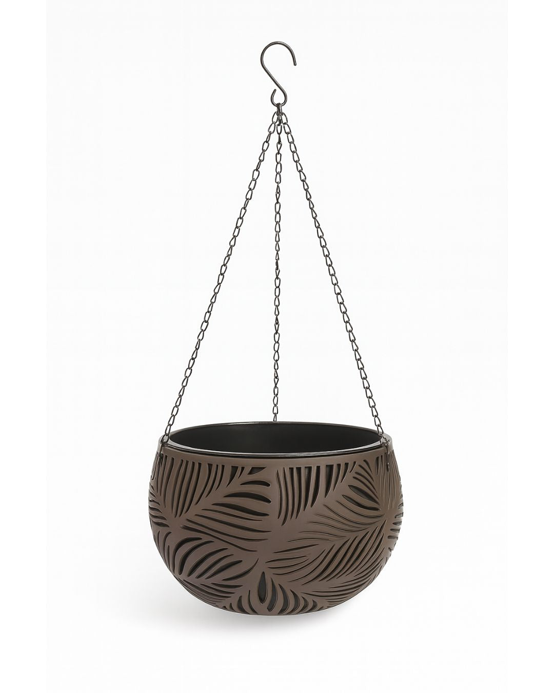 Dark Brown Tropical Leaf Embossed Hanging Basket Planter with Chain & Hook