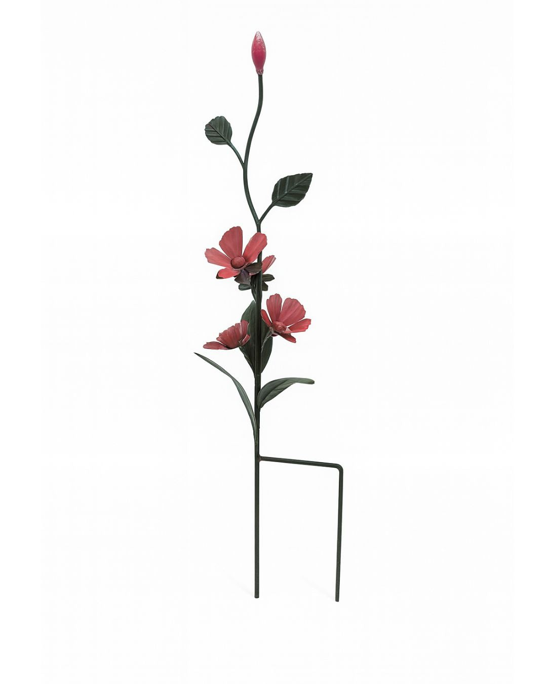 Metal Flower Garden Stake with Green Leaves & Bud