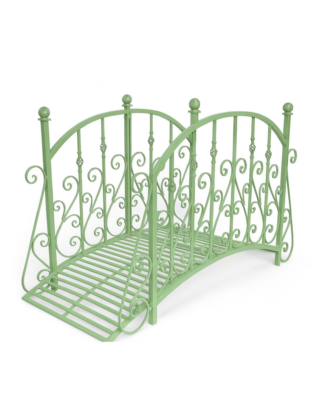 Ornate Green Metal Garden Bridge with Scrollwork Railings