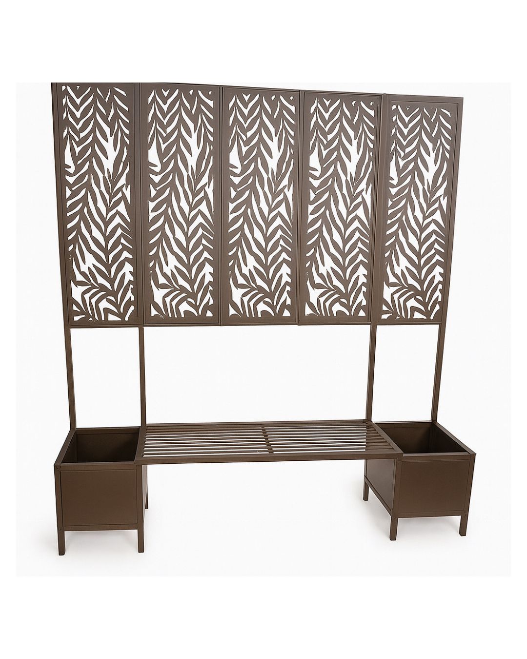 Metal Garden Bench with Leaf Cutout Privacy Screen & Side Planters