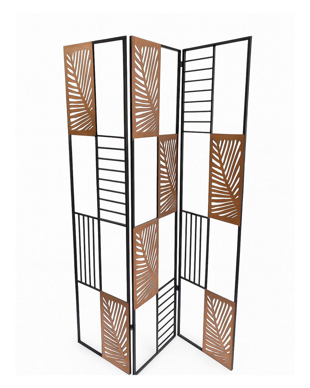 3-Panel Black Metal & Wood Laser-Cut Leaf Room Divider