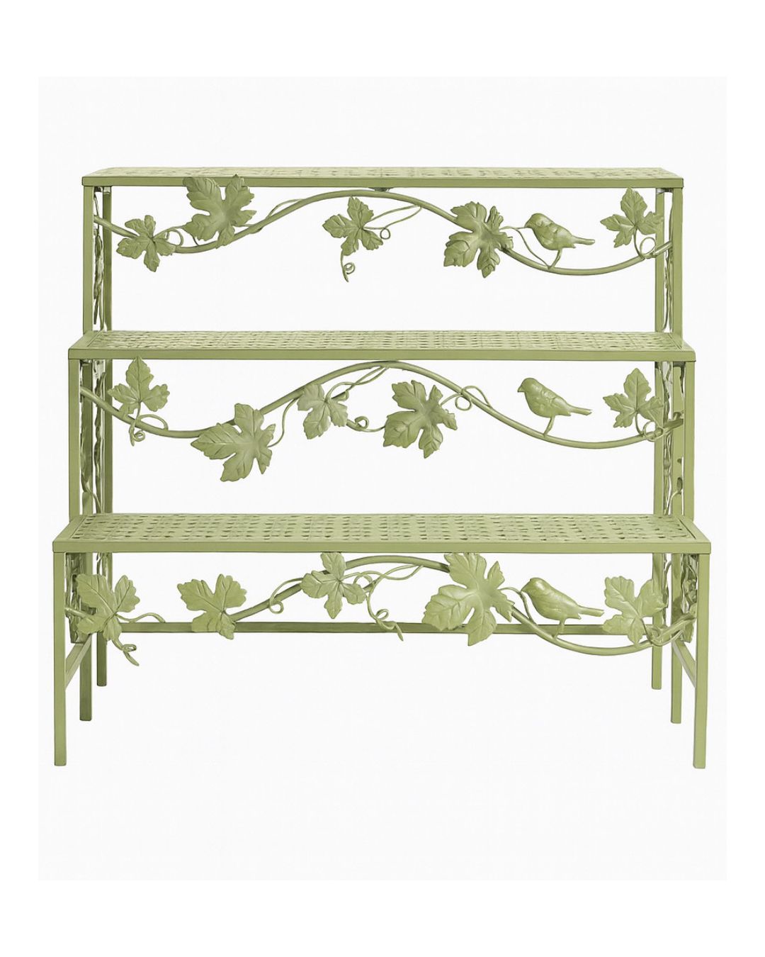 3-Tier Sage Green Metal Plant Stand with Bird & Vine Motif