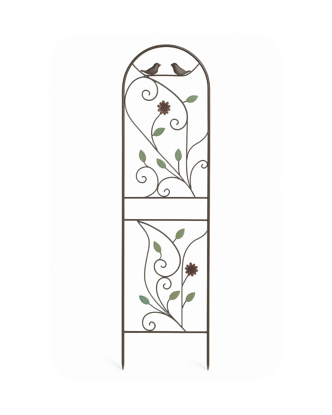Arched Metal Garden Trellis with Bird, Vine & Flower Design