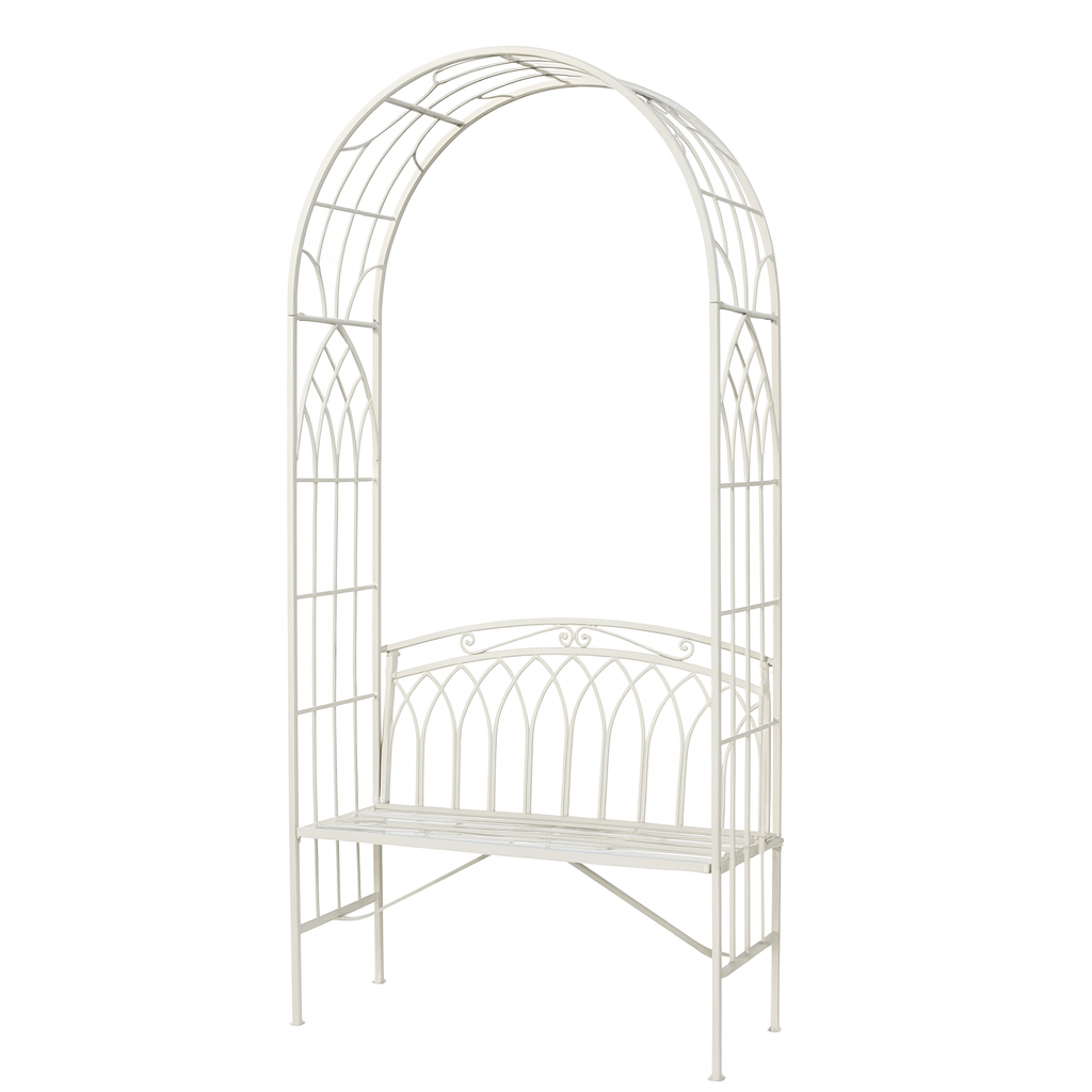White Metal Garden Arch with Built-In 2-Seater Bench