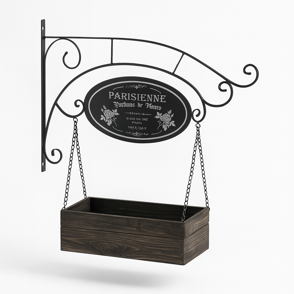 Parisienne Wall-Mounted Scrollwork Sign with Hanging Planter Box