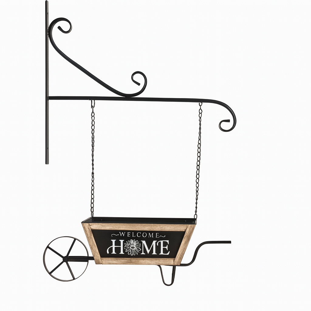 "Welcome Home" Hanging Wheelbarrow Planter with Wall Bracket