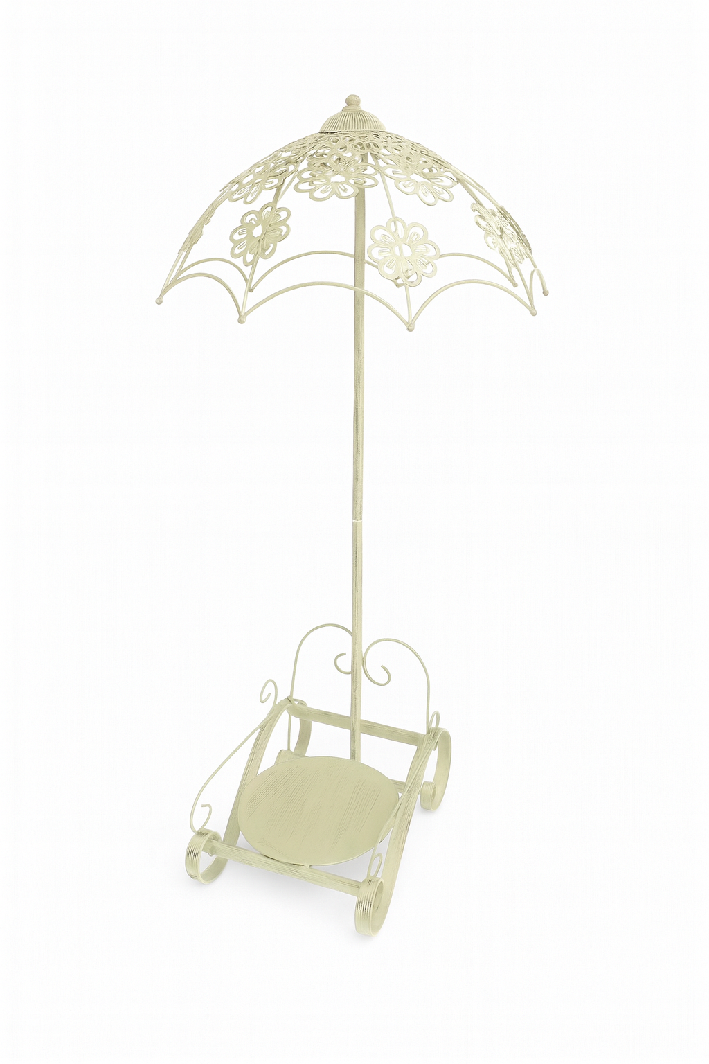 Cream Metal Parasol Plant Stand with Scrolled Carriage Base