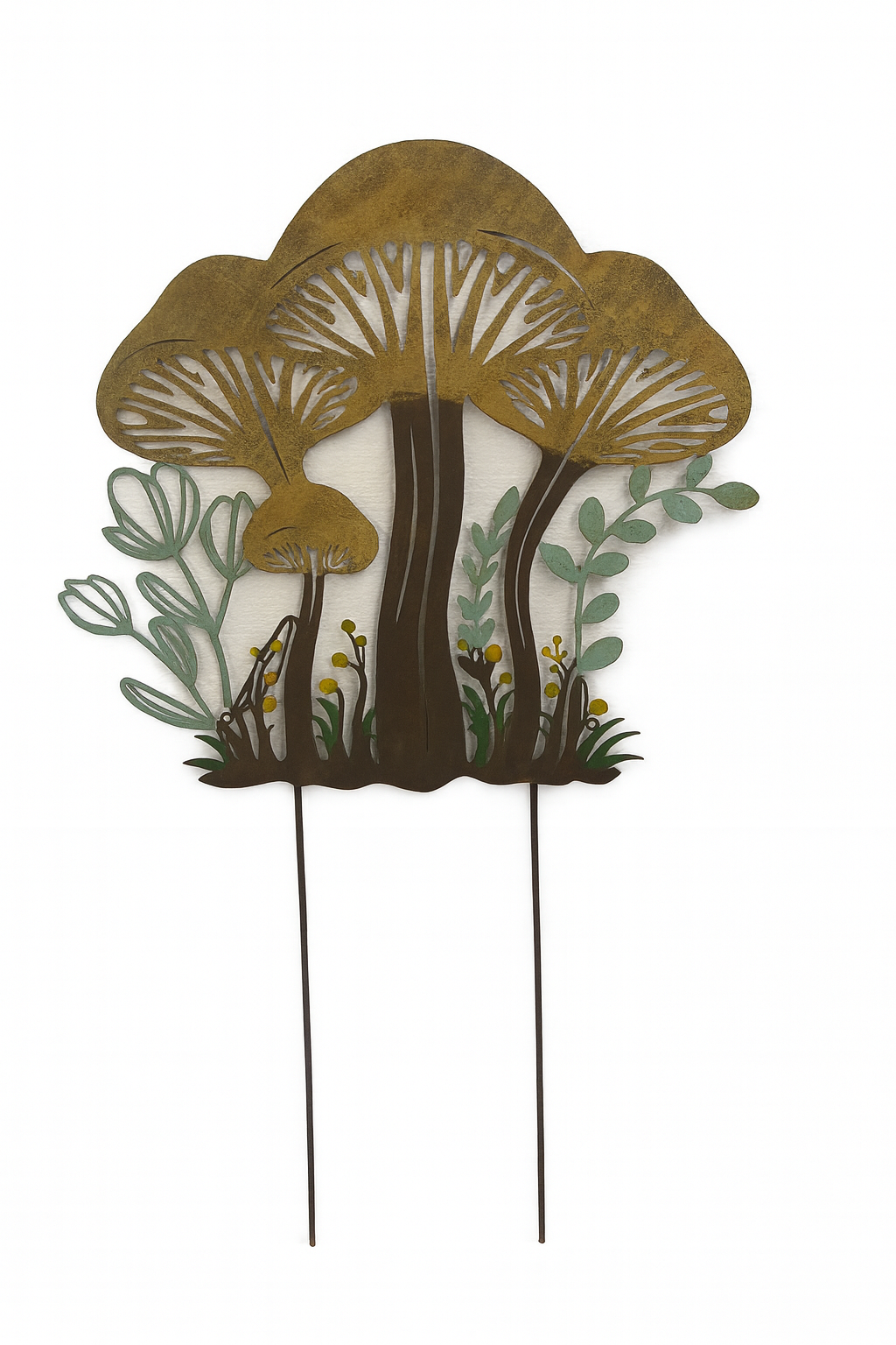 Metal Mushroom Garden Stake with Wildflower Cutout Design