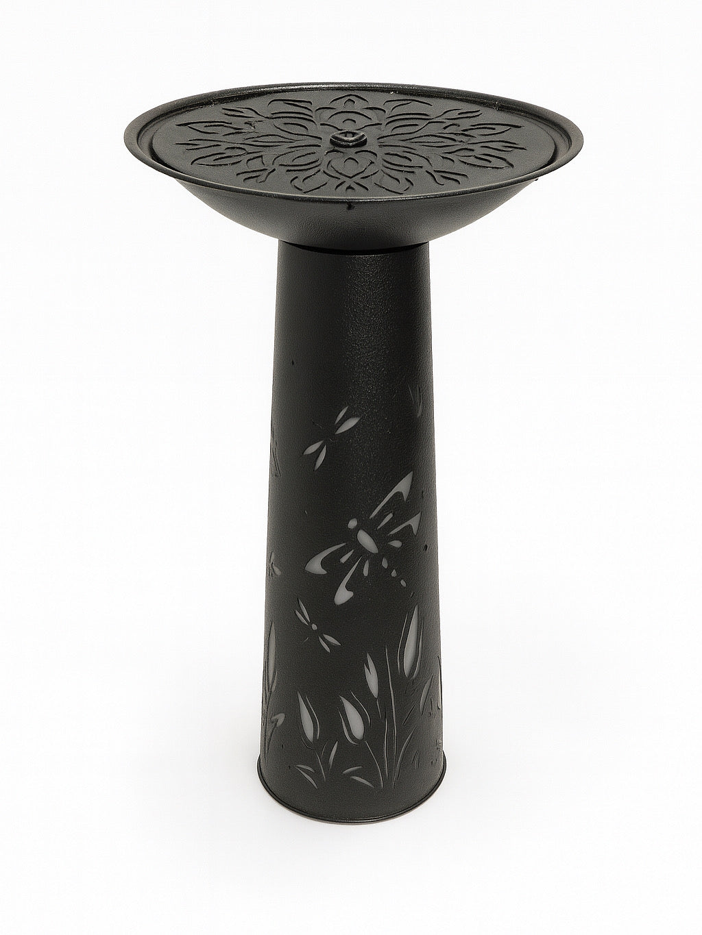Black Metal Dragonfly Pedestal Bird Bath with Floral Basin