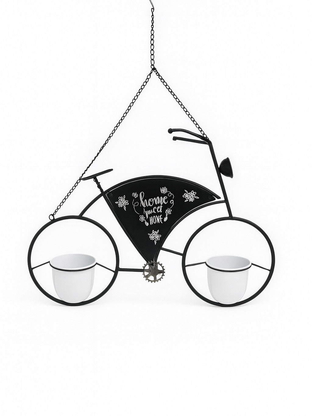 "Home Sweet Home" Hanging Bicycle Planter with 2 White Pots
