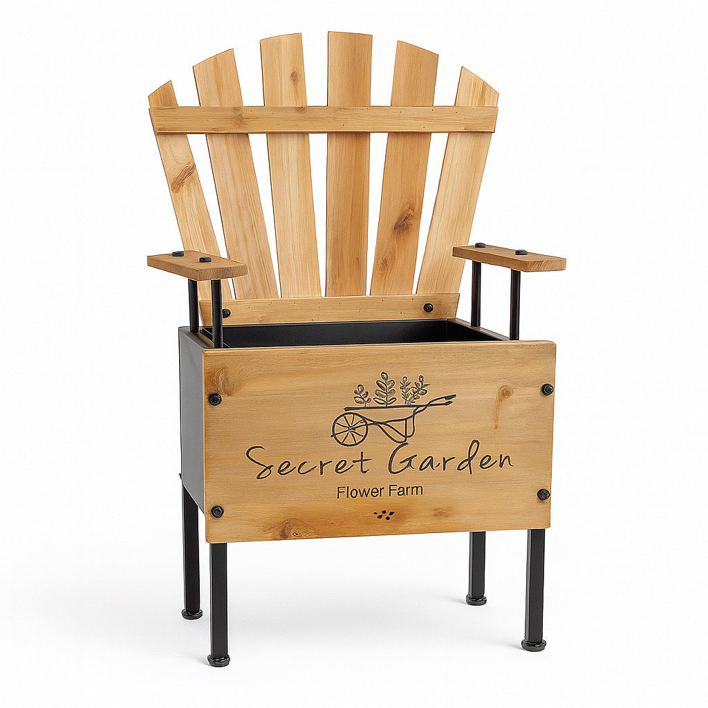 "Secret Garden Flower Farm" Wooden Chair Planter with Metal Frame