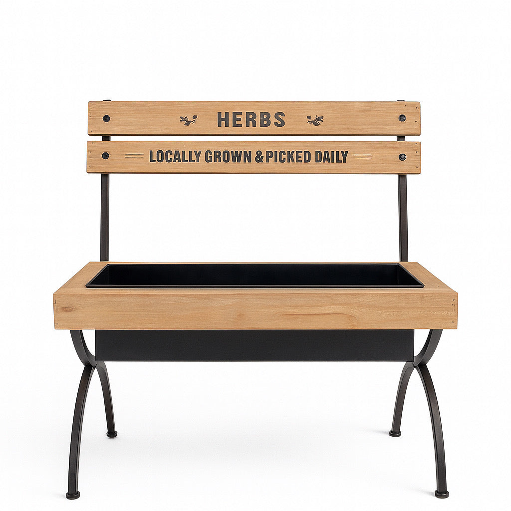 "Herbs – Locally Grown & Picked Daily" Wooden Bench Planter