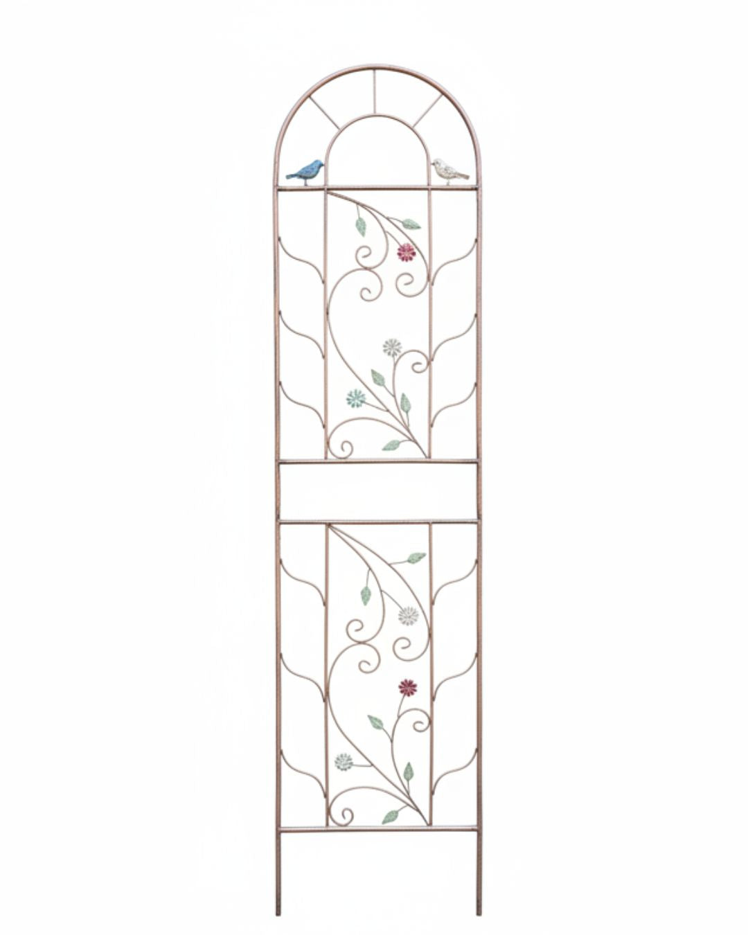 Arched Metal Garden Trellis with Bird, Vine & Flower Design