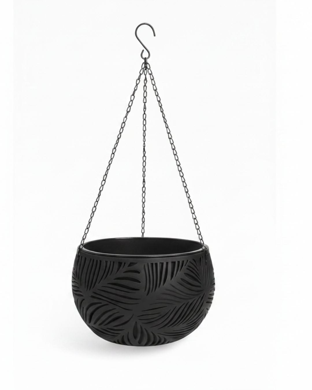Black Tropical Leaf Embossed Hanging Basket Planter with Chain & Hook