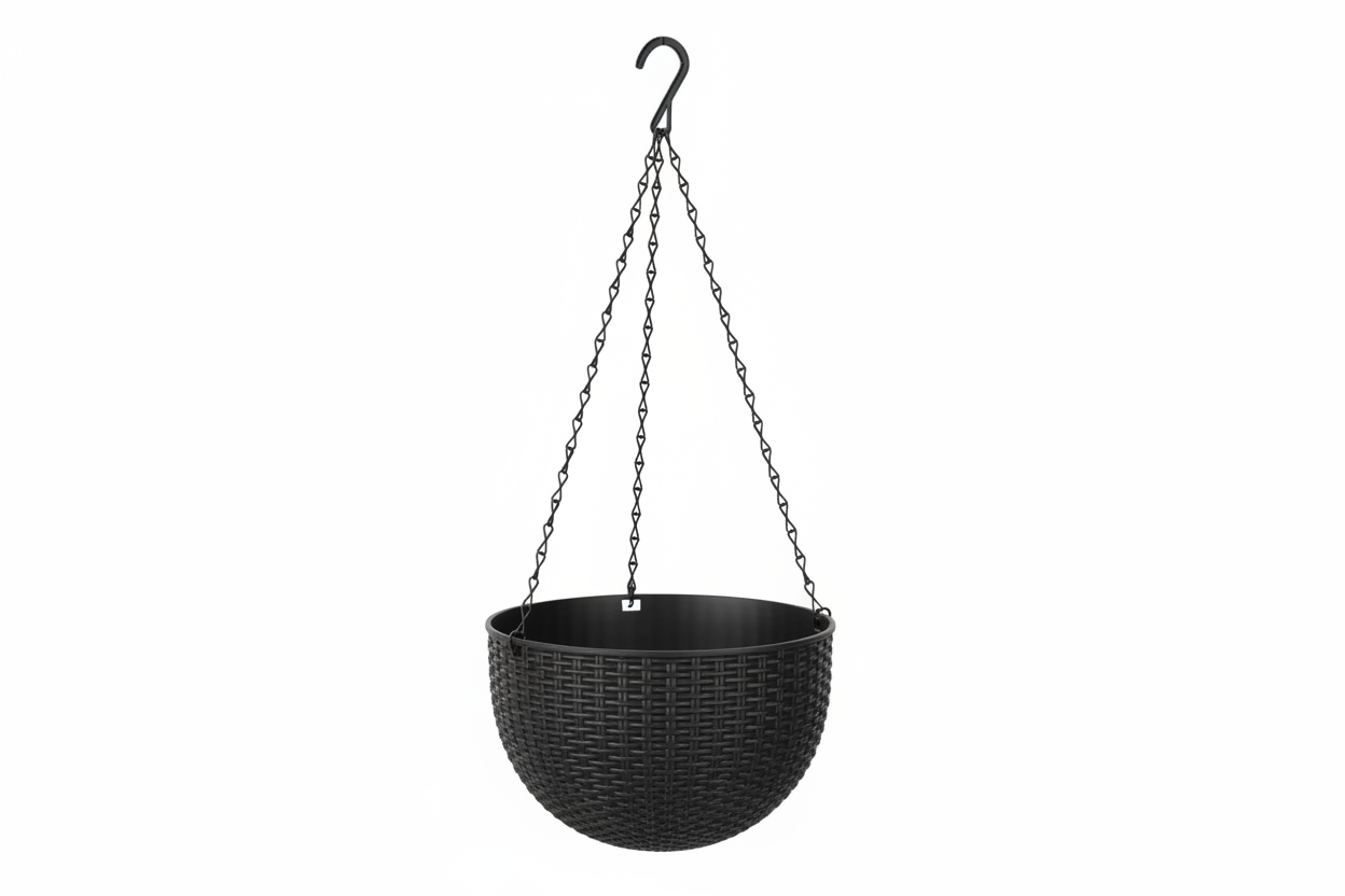Black Rattan-Effect Hanging Basket Planter with Chain & Hook