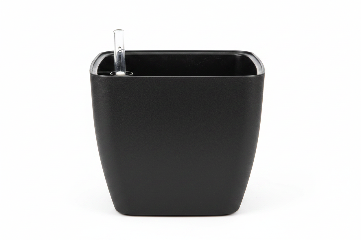 Black square self-watering planter pot side view