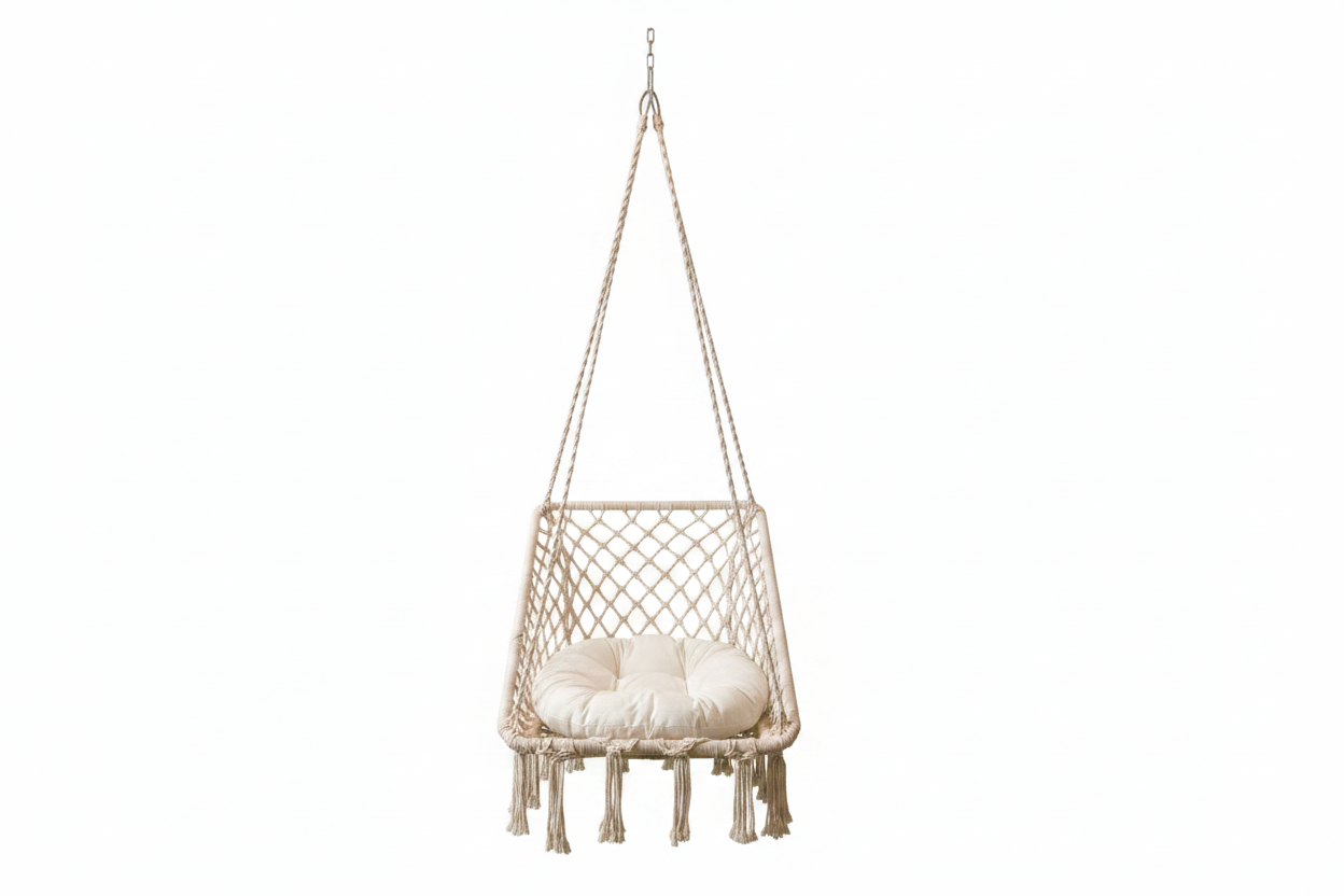Cream square macrame hanging swing chair with white cushion on white background