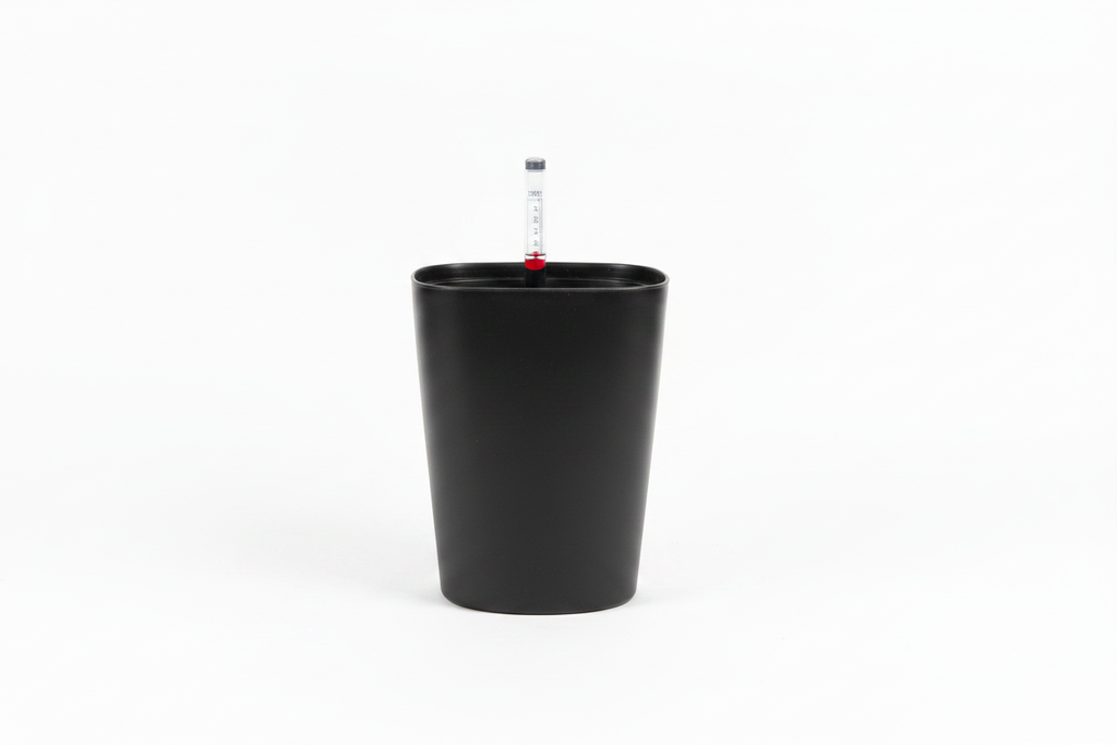 Black self-watering planter pot side view