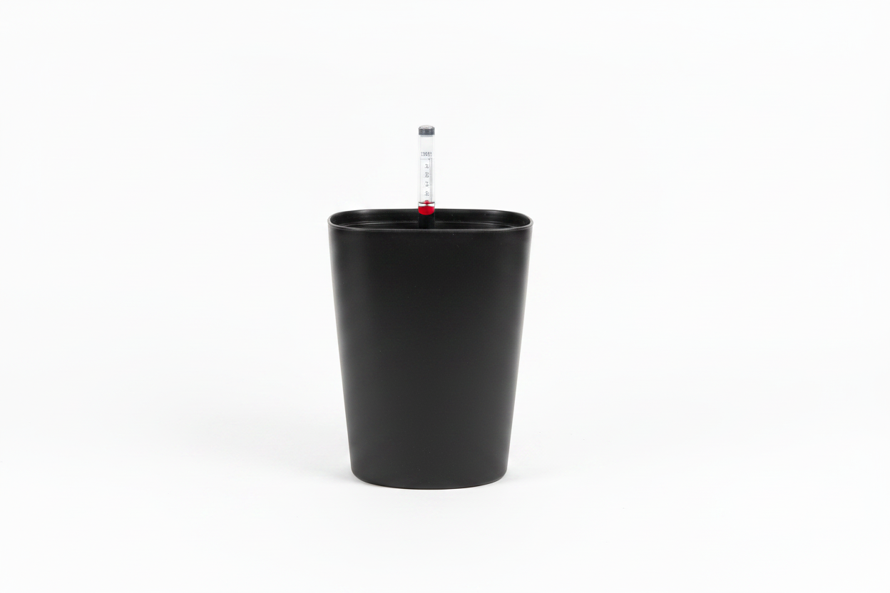 Black self-watering planter pot side view