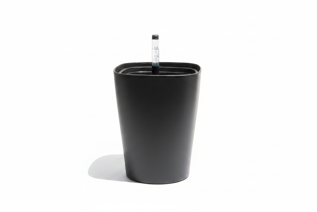 Black self-watering planter pot front view