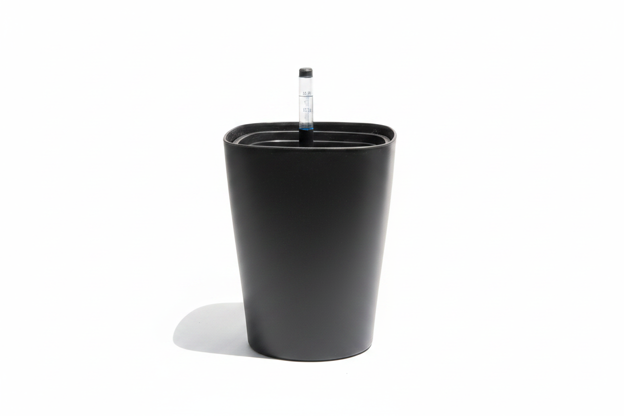 Black self-watering planter pot front view