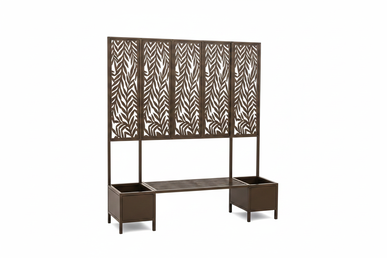 Metal Garden Bench with Leaf Cutout Privacy Screen & Side Planters