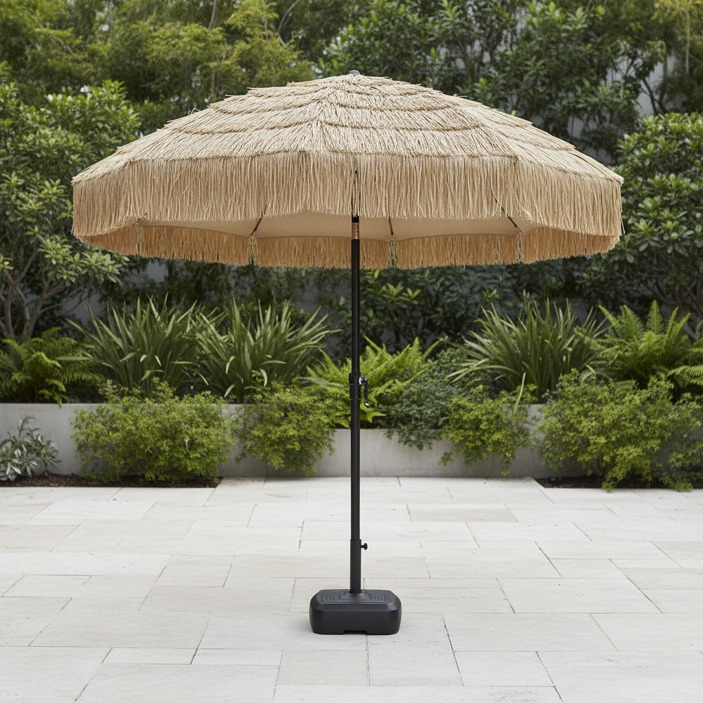 Thatched Umbrella Open in Garden